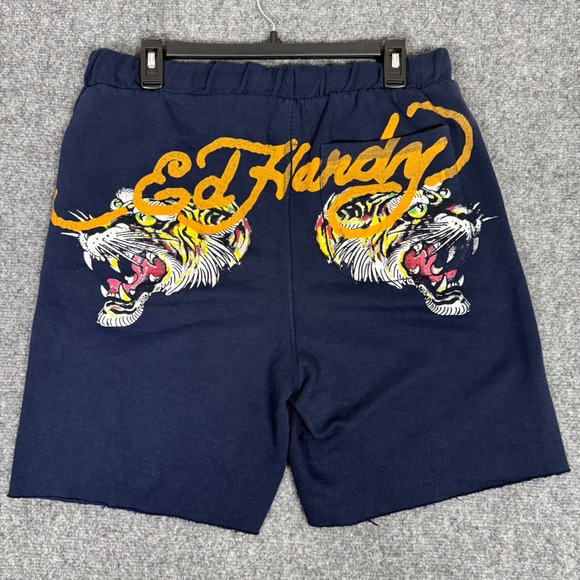 Ed Hardy Other - Ed Hardy Men's Tiger Graphic Sweat Shorts Large Blue Cotton Raw Hem Y2K